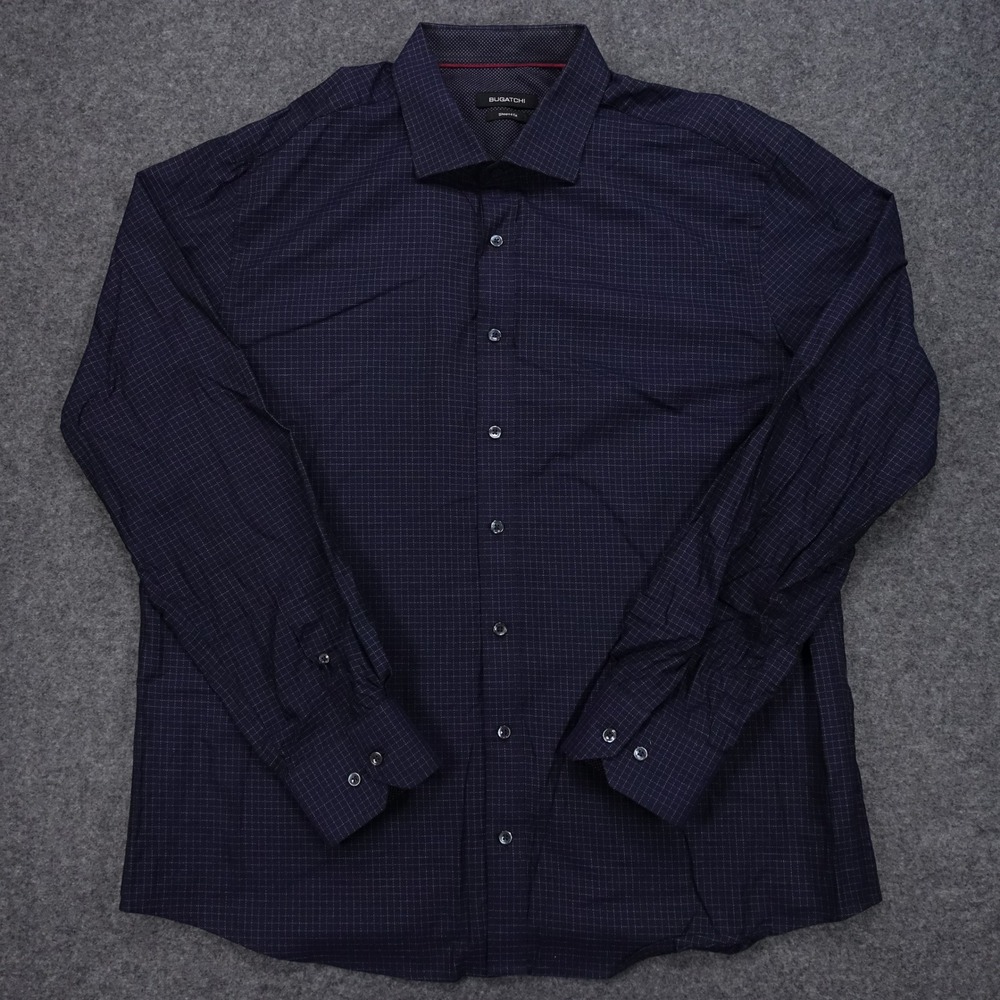 Bugatchi Button Down Shirt Men XXL Shaped Fit Grid Pattern Navy Blue